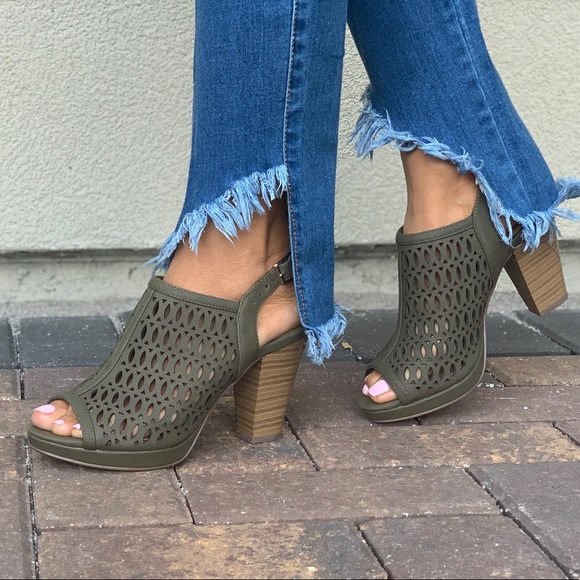 Olive Green Perforated Block Heel Peep Toe Sandal - Picture 6 of 8